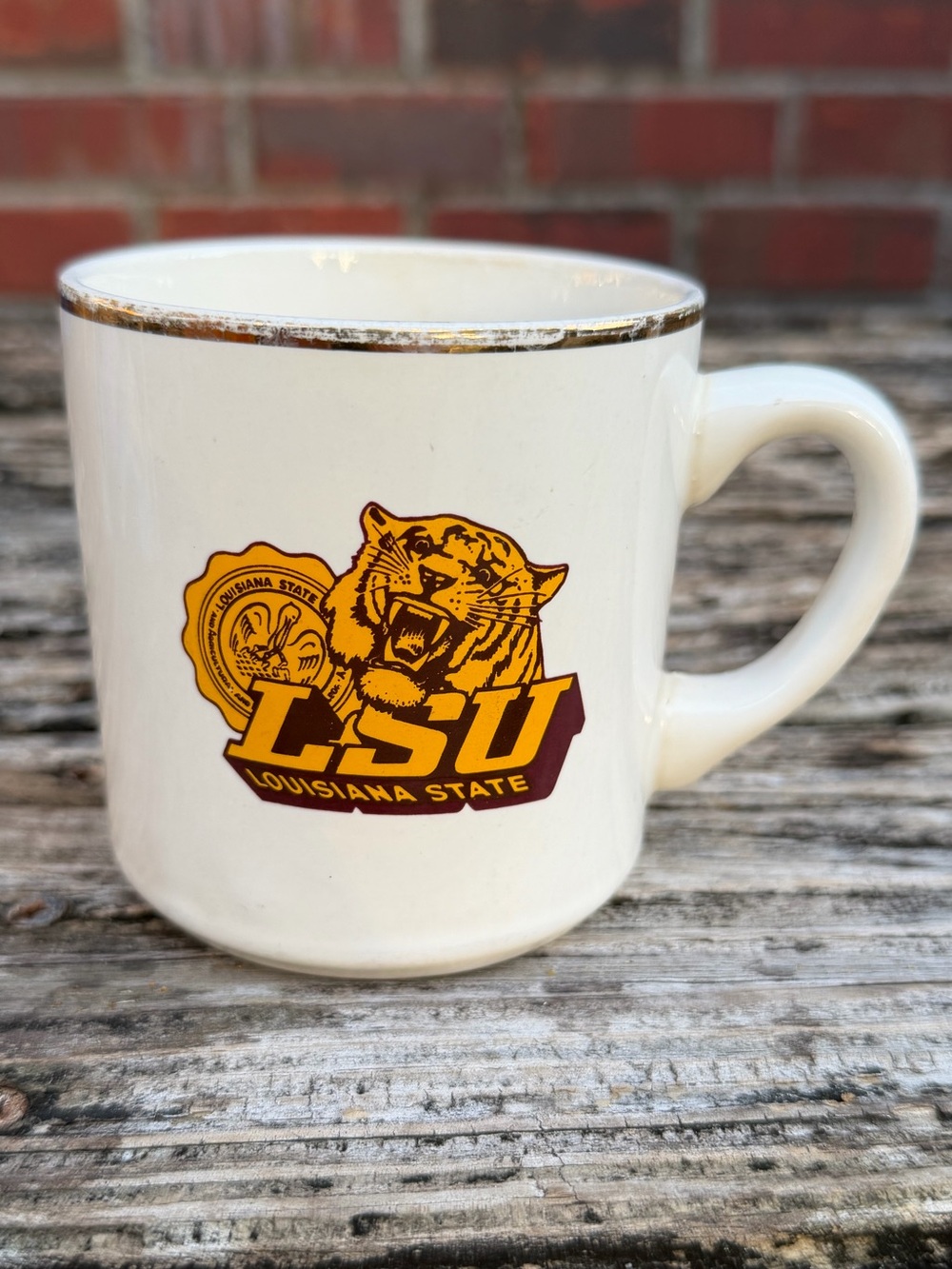 Vintage LSU Tigers Louisiana State University Ceramic Gold Rimmed Coffee Mug
